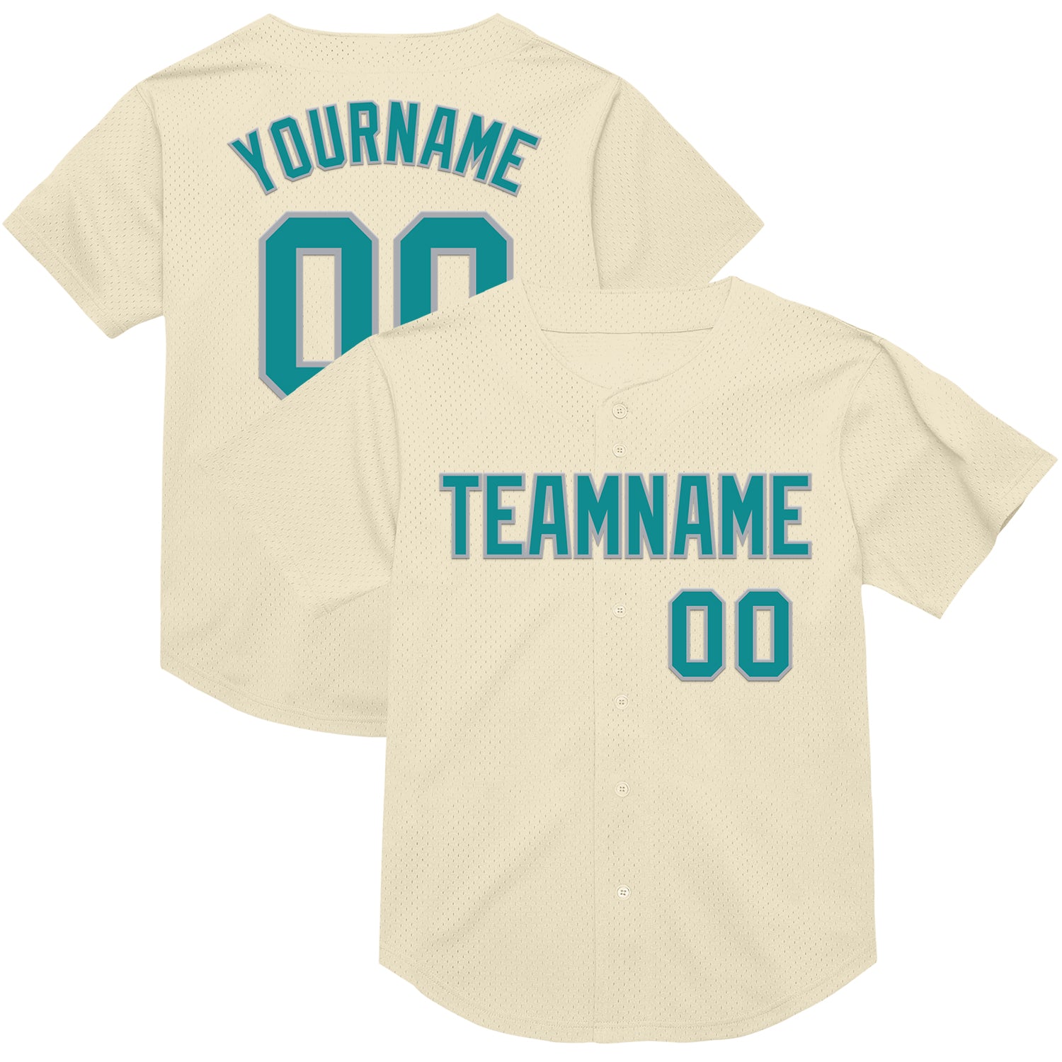Personalized Baseball Jersey - Authentic Throwback in Cream Teal-Gray Mesh Personalized Cream Teal-Gray Mesh Authentic Throwback