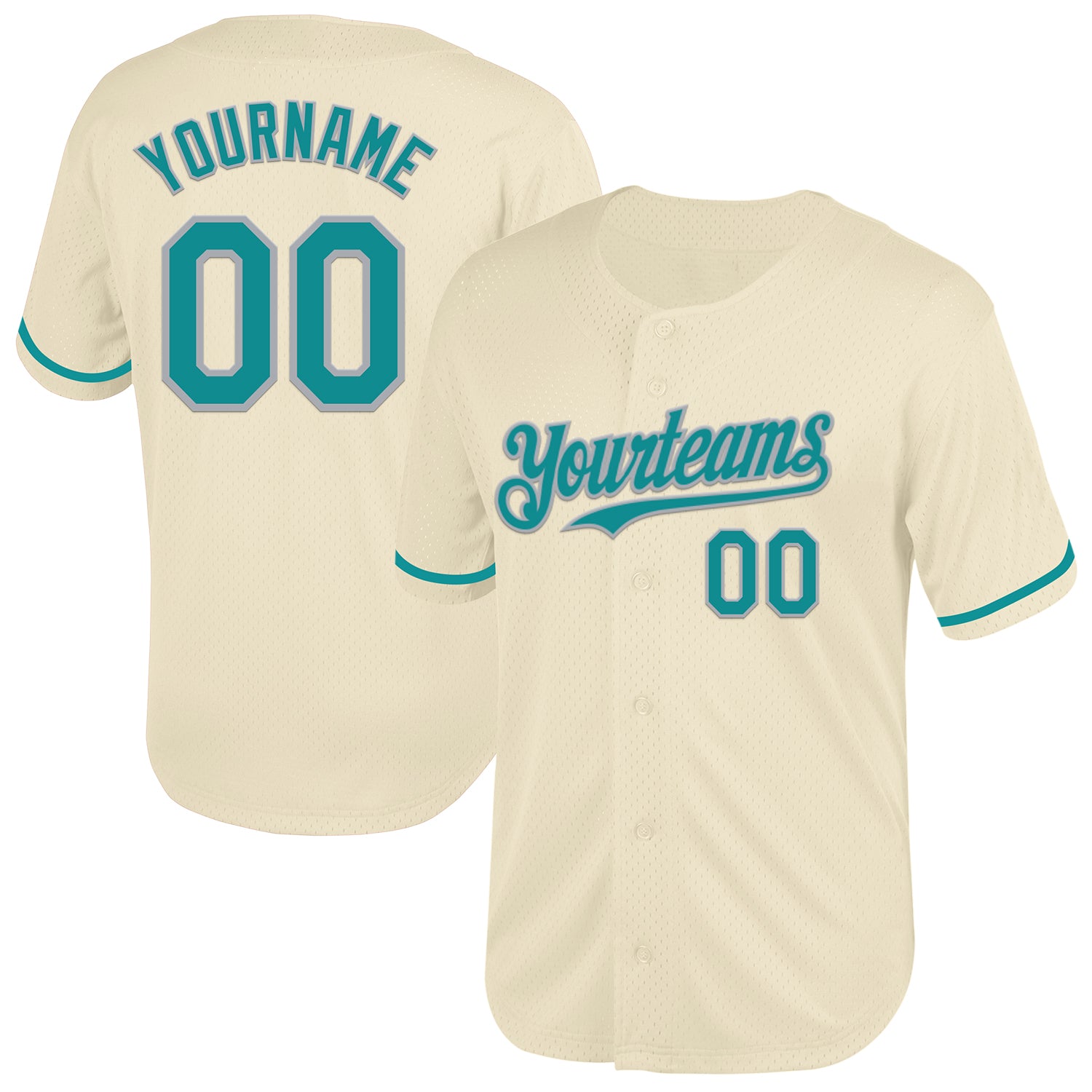 Custom Name and Number Personalized Teal Gray Mesh Baseball Jersey - Authentic Throwback Team Apparel Personalized Cream
