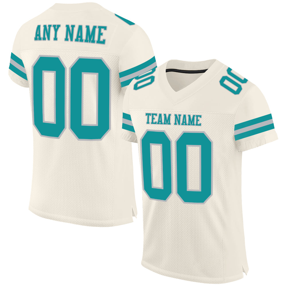 Personalized Teal Gray Mesh Football Jersey - Custom Design Sports Apparel Personalized Cream Teal-Gray Mesh Football Jersey
