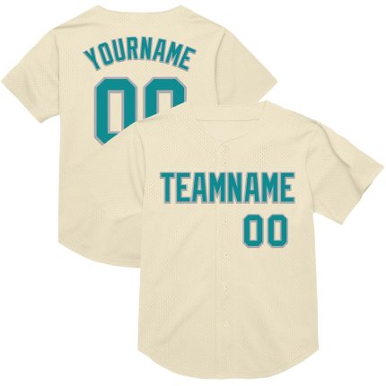 Personalized Teal-Gray Mesh Baseball Jersey for Men and Women - Throwback Style Personalized Cream Teal-Gray Mesh Throwback