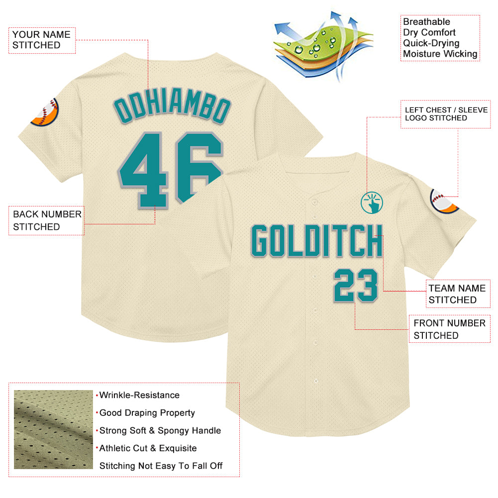 Personalized Cream Teal-Gray Mesh Throwback Baseball Jersey 2 Personalized Teal-Gray Mesh Baseball Jersey for Men and Women - Throwback Style Personalized Cream Teal-Gray Mesh Throwback - Image 3