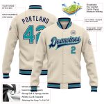 Personalized Varsity Letterman Jacket in Cream Teal Gray and Navy - Full-Snap Bomber Design Personalized Cream Teal Gray-Navy