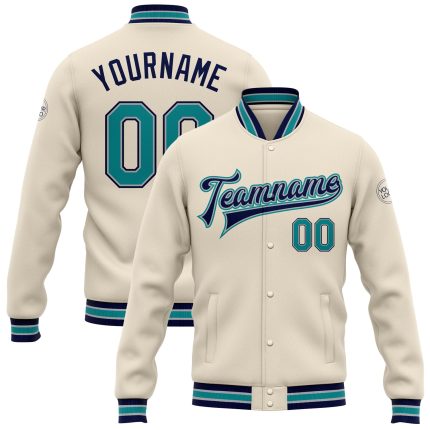 Personalized Varsity Letterman Jacket in Cream Teal Gray and Navy - Full-Snap Bomber Design Personalized Cream Teal Gray-Navy