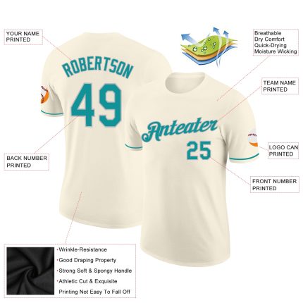 Custom Name and Number Performance T-Shirt in Cream Teal-Gray - Personalized Team Apparel Personalized Cream Teal-Gray Performance