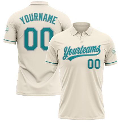 Personalized Teal Gray Performance Vapor Golf Polo Shirt - Custom Apparel Personalized Cream Teal-Gray Performance Vapor