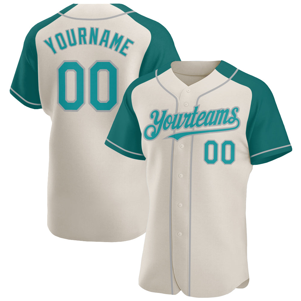 Personalized Teal Gray Baseball Jersey with Raglan Sleeves for Men and Women Personalized Cream Teal-Gray Raglan Sleeves