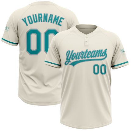 Custom Name and Number Unisex Softball Jersey in Cream Teal-Gray - Personalized Two-Button Design Personalized Cream Teal-Gray