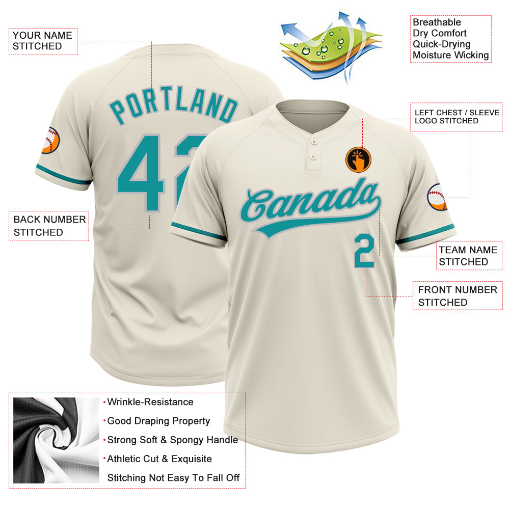 Personalized Cream Teal-Gray Two-Button Unisex Softball Jersey Personalized Teal Gray Two-Button Unisex Softball Jersey - Comfortable Custom Apparel Personalized Cream Teal-Gray Two-Button - Image 3