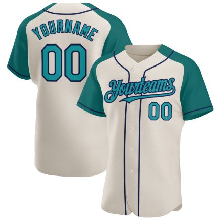 Custom Name and Number Personalized Baseball Jersey in Cream Teal-Navy - Authentic Raglan Sleeves Personalized Cream Teal-Navy