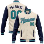 Personalized Two-Tone Bomber Jacket in Cream Teal Navy-Gray Full-Snap Varsity Letterman Outerwear Personalized Cream Teal