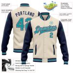 Personalized Two-Tone Bomber Jacket in Cream Teal Navy-Gray Full-Snap Varsity Letterman Outerwear Personalized Cream Teal