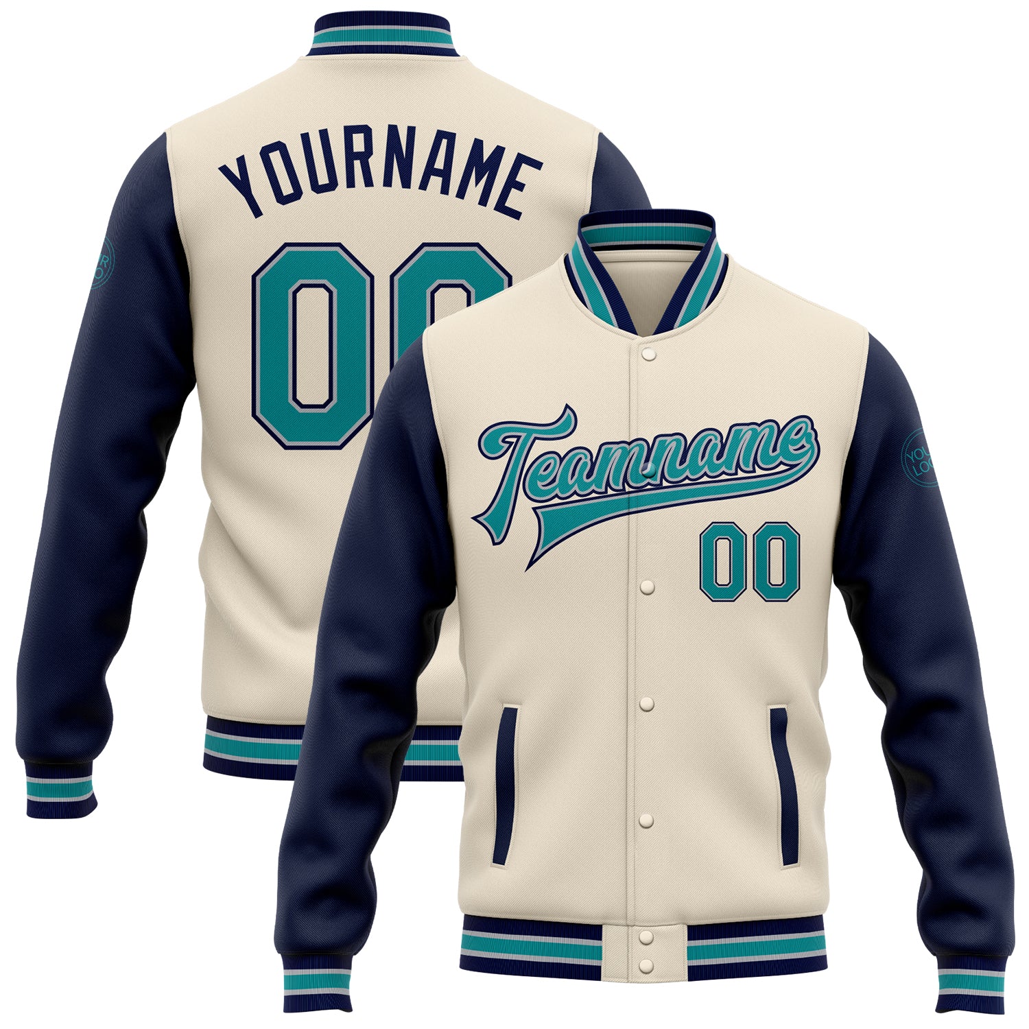 Custom Name and Number Varsity Letterman Two Tone Bomber Jacket in Cream Teal Navy Gray - Personalized Full-Snap Jacket Personalized