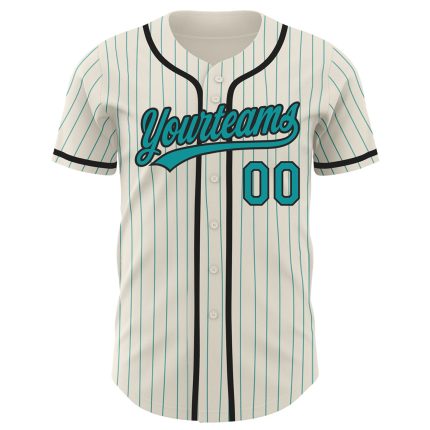 Custom Name and Number Authentic Baseball Jersey - Personalized Cream Teal Pinstripe Design Personalized Cream Teal Pinstripe