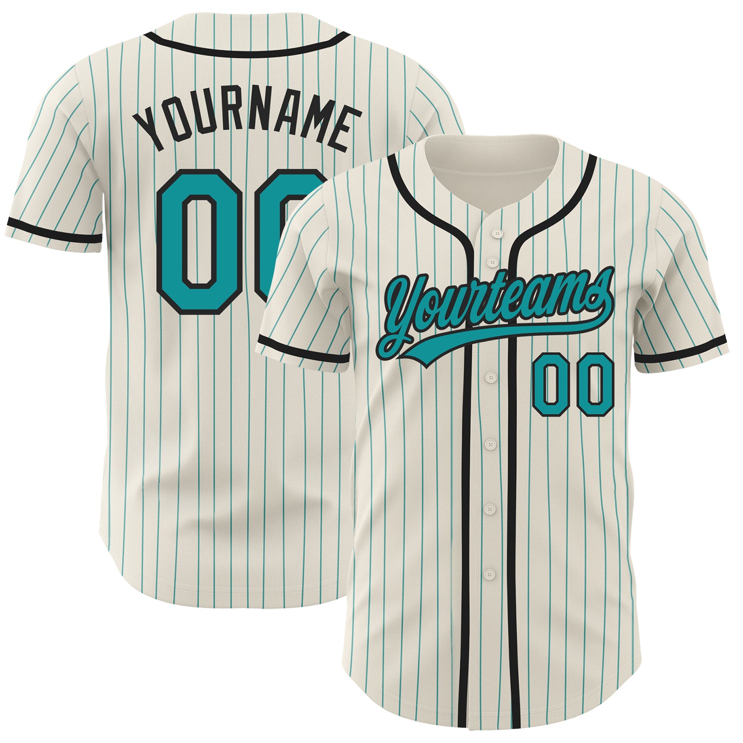 Personalized Black Pinstripe Baseball Jersey in Cream Teal - Custom Name & Number Personalized Cream Teal Pinstripe Black