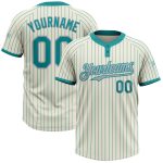 Personalized Gray Teal Pinstripe Two-Button Unisex Softball Jersey Personalized Cream Teal Pinstripe Gray Two-Button Unisex
