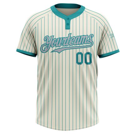Custom Name and Number Unisex Softball Jersey - Personalized Gray Cream Teal Pinstripe Two-Button Design Personalized Cream