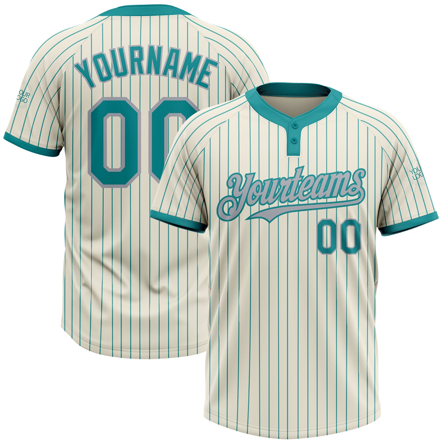 Custom Name and Number Unisex Softball Jersey - Personalized Gray Cream Teal Pinstripe Two-Button Design Personalized Cream