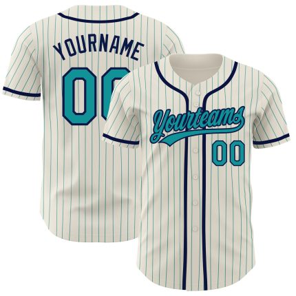 Personalized Teal Pinstripe Navy Baseball Jersey - Custom Cream Design for Men and Women Personalized Cream Teal Pinstripe