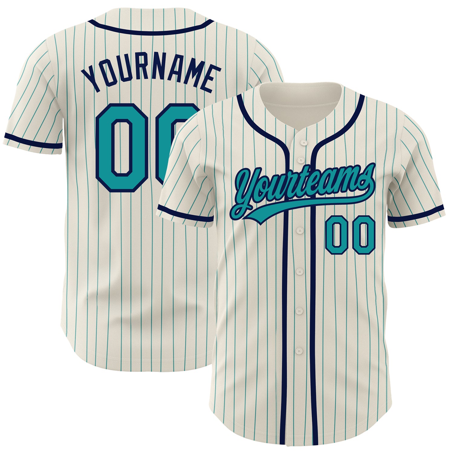 Personalized Teal Pinstripe Navy Baseball Jersey - Custom Cream Design for Men and Women Personalized Cream Teal Pinstripe