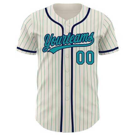 Personalized Teal Pinstripe Navy Baseball Jersey - Custom Cream Design for Men and Women Personalized Cream Teal Pinstripe