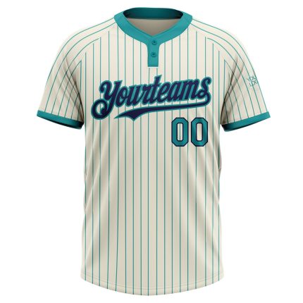 Custom Name Number Unisex Softball Jersey - Personalized Navy Cream Teal Pinstripe Two-Button Design Personalized Cream Teal