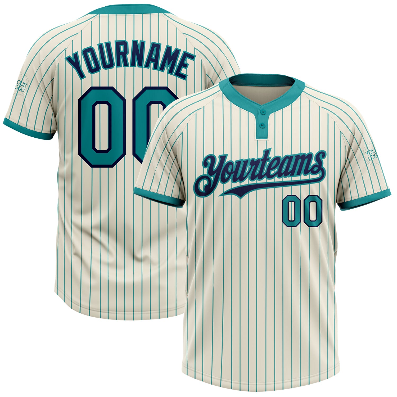 Custom Name Number Unisex Softball Jersey - Personalized Navy Cream Teal Pinstripe Two-Button Design Personalized Cream Teal