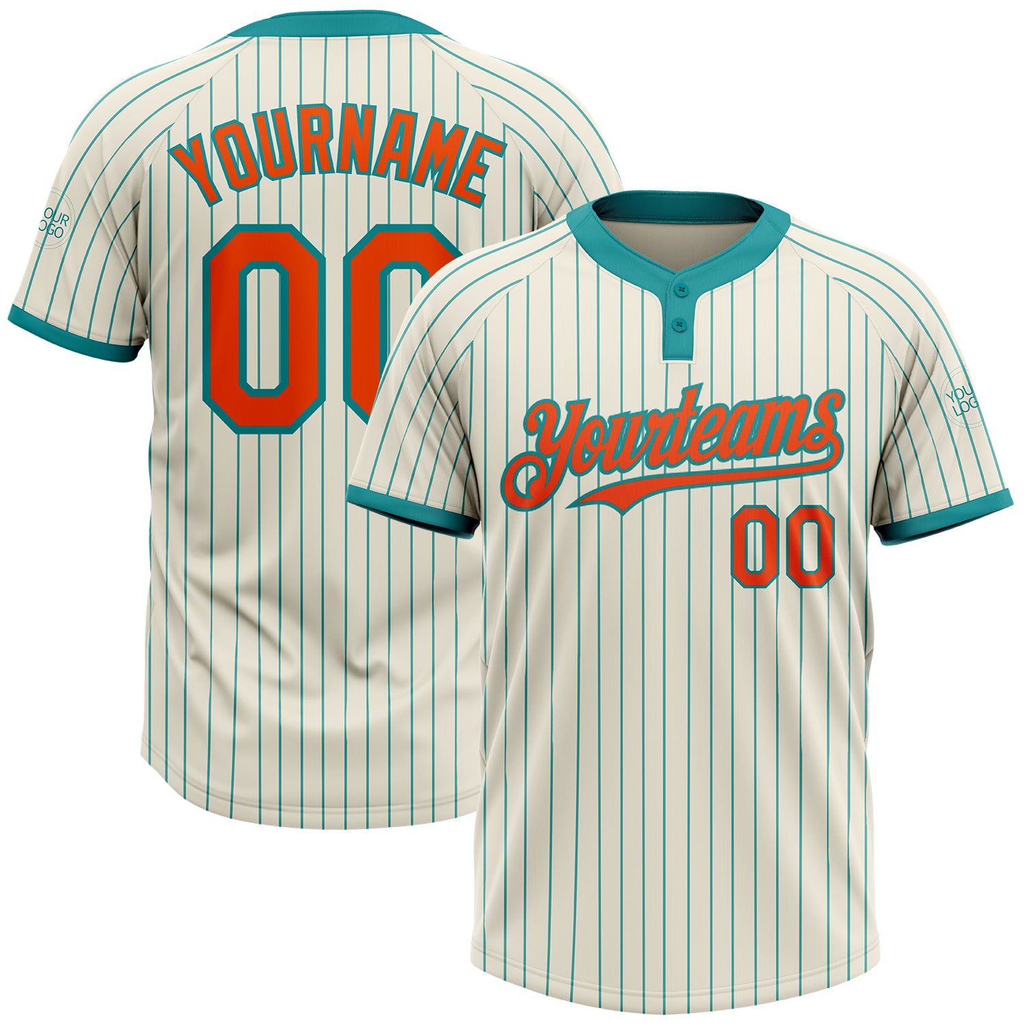 Custom Name and Number Softball Jersey - Personalized Unisex Two-Button Teal Pinstripe with Orange Details Personalized Cream