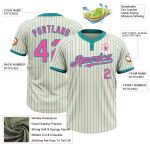 Personalized Unisex Softball Jersey in Cream Teal Pinstripe with Pink Two-Button Design Personalized Cream Teal Pinstripe