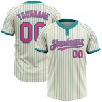 Personalized Unisex Softball Jersey in Cream Teal Pinstripe with Pink Two-Button Design Personalized Cream Teal Pinstripe
