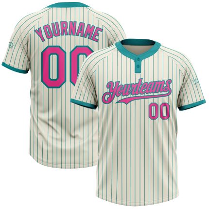 Personalized Unisex Softball Jersey in Cream Teal Pinstripe with Pink Two-Button Design Personalized Cream Teal Pinstripe