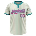 Personalized Unisex Softball Jersey in Cream Teal Pinstripe with Pink Two-Button Design Personalized Cream Teal Pinstripe