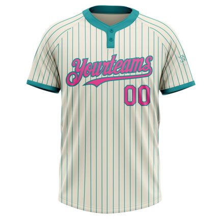 Personalized Unisex Softball Jersey in Cream Teal Pinstripe with Pink Two-Button Design Personalized Cream Teal Pinstripe