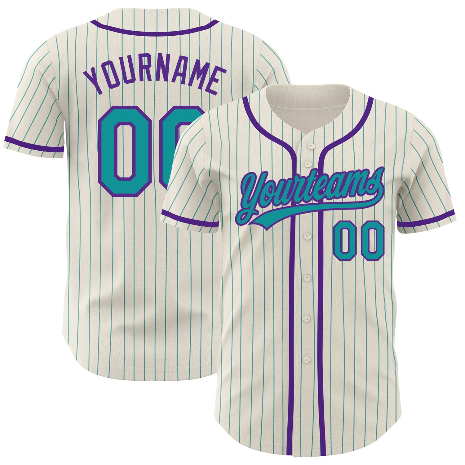 Custom Name and Number Authentic Baseball Jersey in Cream Teal Pinstripe Purple Personalized Cream Teal Pinstripe Purple