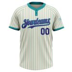Custom Unisex Softball Jersey in Cream Teal Pinstripe with Purple Two-Button Design Personalized Cream Teal Pinstripe Purple