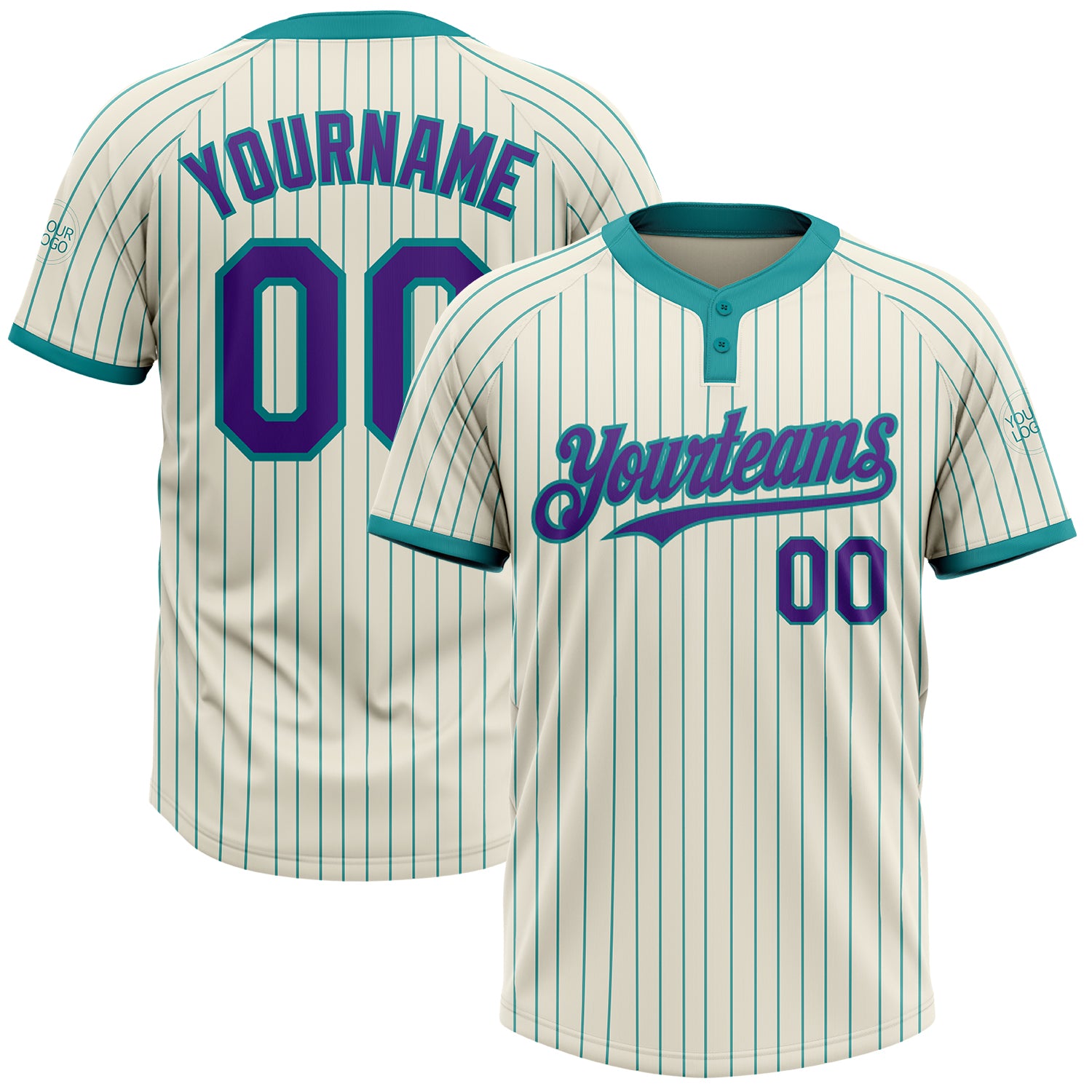 Custom Unisex Softball Jersey in Cream Teal Pinstripe with Purple Two-Button Design Personalized Cream Teal Pinstripe Purple