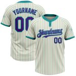 Custom Personalized Two-Button Softball Jersey with Name and Number - Cream Teal Pinstripe Purple Unisex Design Personalized