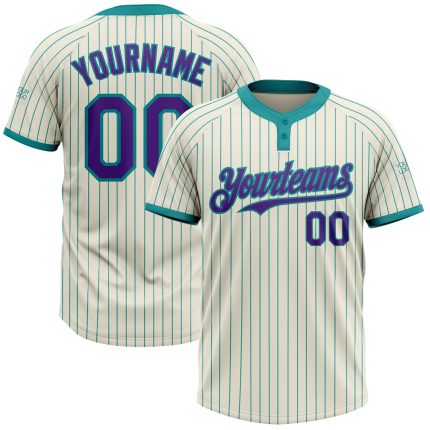 Custom Personalized Two-Button Softball Jersey with Name and Number - Cream Teal Pinstripe Purple Unisex Design Personalized