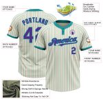 Custom Unisex Softball Jersey in Cream Teal Pinstripe with Purple Two-Button Design Personalized Cream Teal Pinstripe Purple