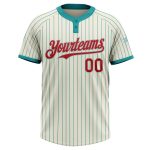 Personalized Unisex Softball Jersey in Cream Teal Pinstripe Red-Gray, Two-Button Design Personalized Cream Teal Pinstripe