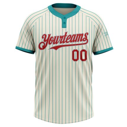 Personalized Unisex Softball Jersey in Cream Teal Pinstripe Red-Gray, Two-Button Design Personalized Cream Teal Pinstripe
