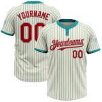 Personalized Unisex Softball Jersey in Cream Teal Pinstripe Red-Gray, Two-Button Design Personalized Cream Teal Pinstripe