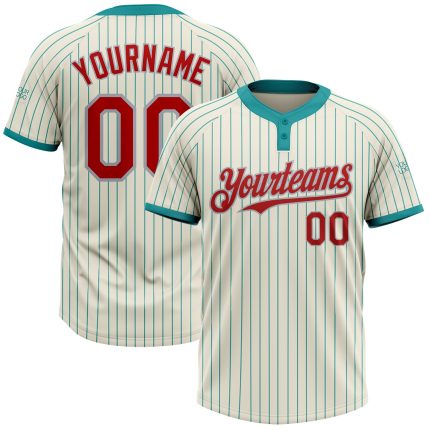 Personalized Unisex Softball Jersey in Cream Teal Pinstripe Red-Gray, Two-Button Design Personalized Cream Teal Pinstripe