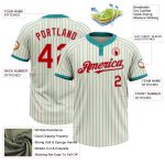 Personalized Unisex Softball Jersey in Cream Teal Pinstripe Red-Gray, Two-Button Design Personalized Cream Teal Pinstripe