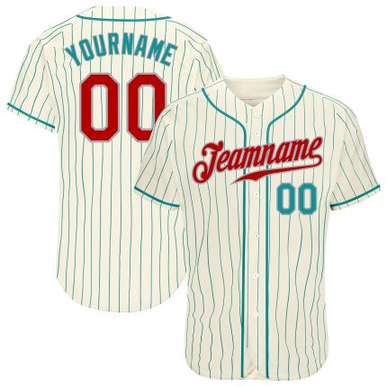 Personalized Teal Pinstripe Red Teal-Gray Baseball Jersey for Men and Women Personalized Cream Teal Pinstripe Red Teal-Gray