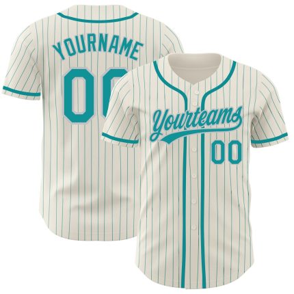 Personalized Teal Gray Pinstripe Baseball Jersey | Authentic Cream Jersey Personalized Cream Teal Pinstripe Teal-Gray Authentic