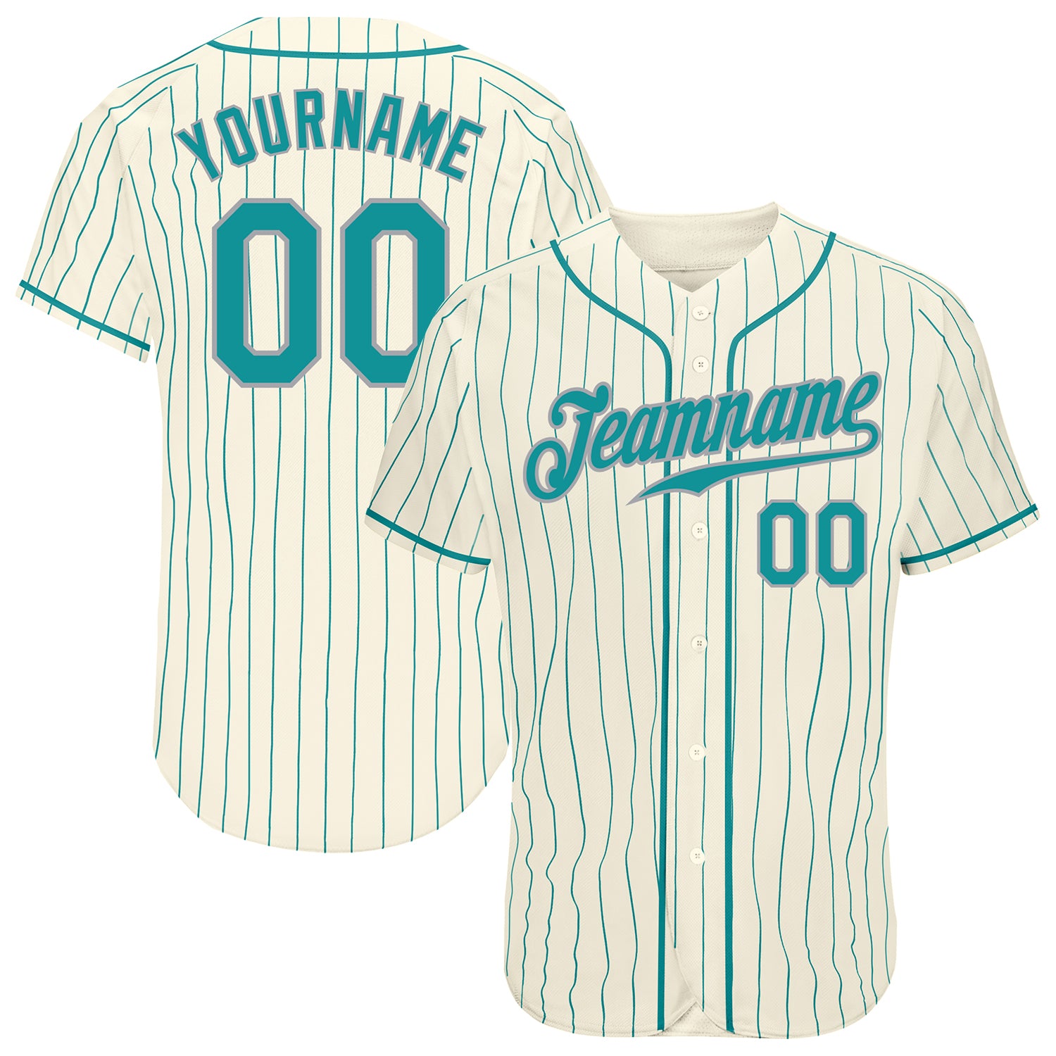 Personalized Teal Gray Pinstripe Baseball Jersey for Men and Women Personalized Cream Teal Pinstripe Teal-Gray Baseball Jersey