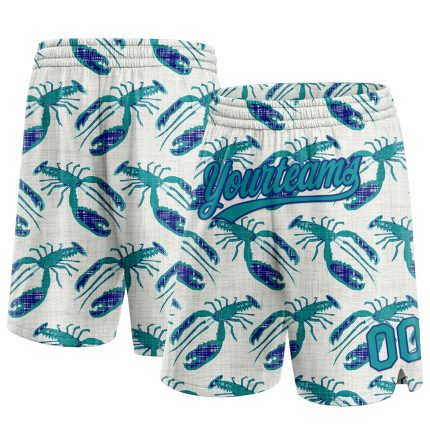 Custom Name Number Basketball Shorts - Personalized Teal-Royal 3D Lobster Pattern Authentic Design Personalized Cream Teal-Royal