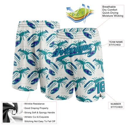 Custom Name Number Basketball Shorts - Personalized Teal-Royal 3D Lobster Pattern Authentic Design Personalized Cream Teal-Royal