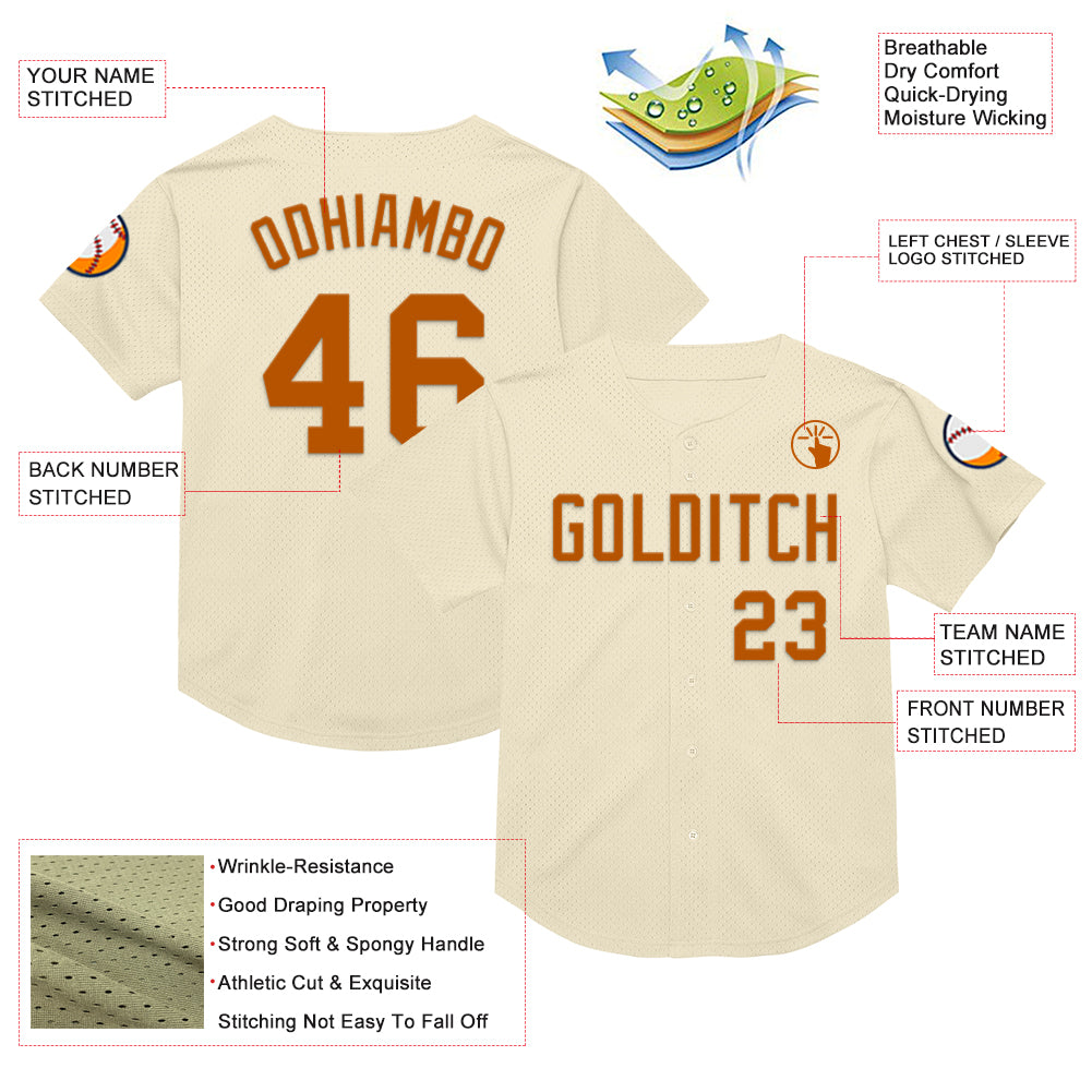 Personalized Cream Texas Orange Mesh Throwback Baseball Jersey Personalized Texas Orange Mesh Baseball Jersey - Custom Throwback Style Personalized Cream Texas Orange Mesh Throwback Baseball - Image 3