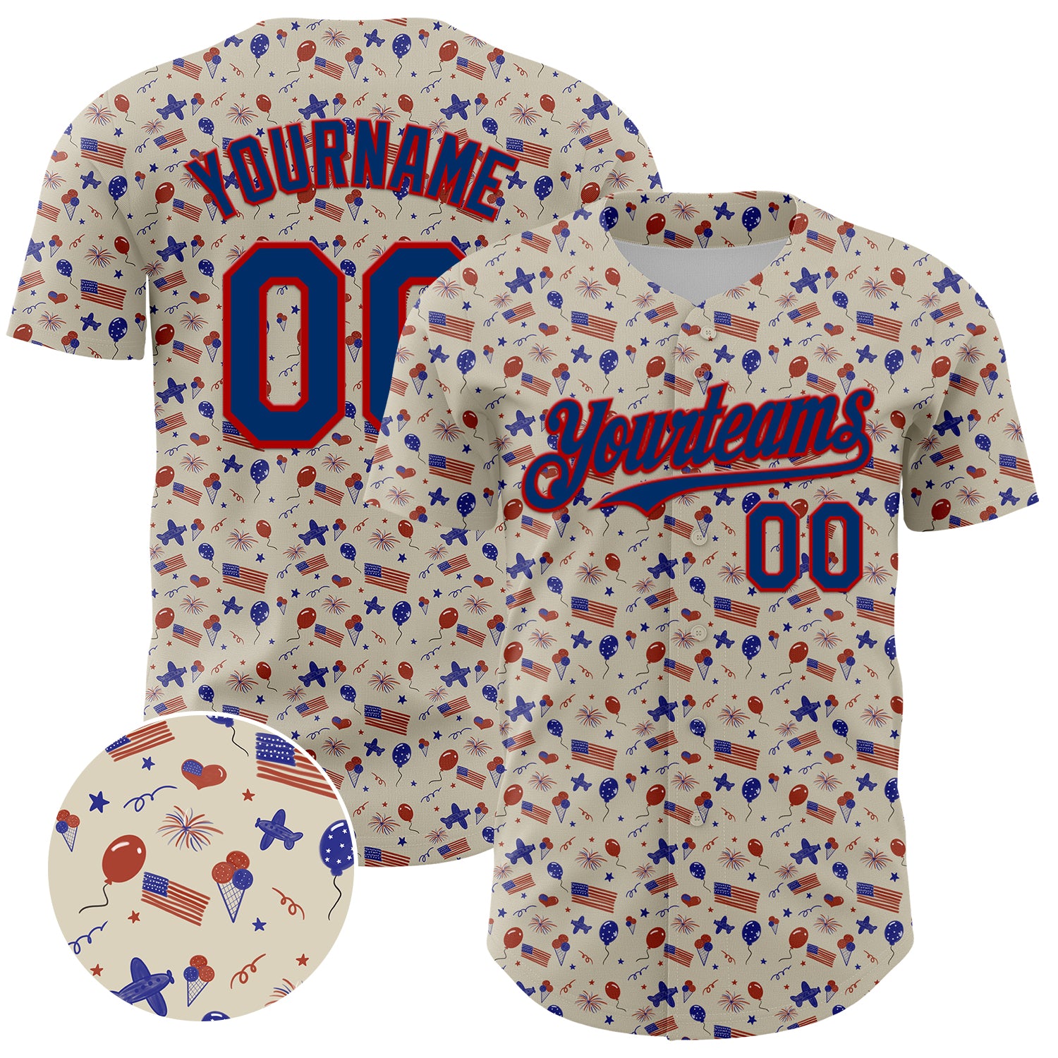 Personalized 3D American Flag Baseball Jersey - US Navy Blue-Red Custom Name & Number Personalized Cream US Navy Blue-Red